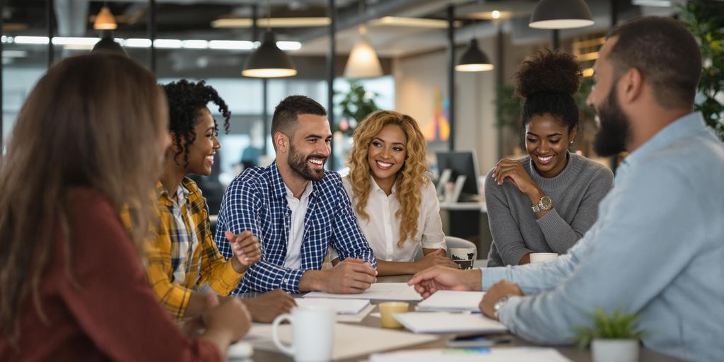 Diverse team collaborating in a modern office setting.