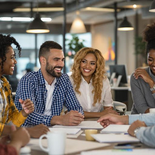 Diverse team collaborating in a modern office setting.