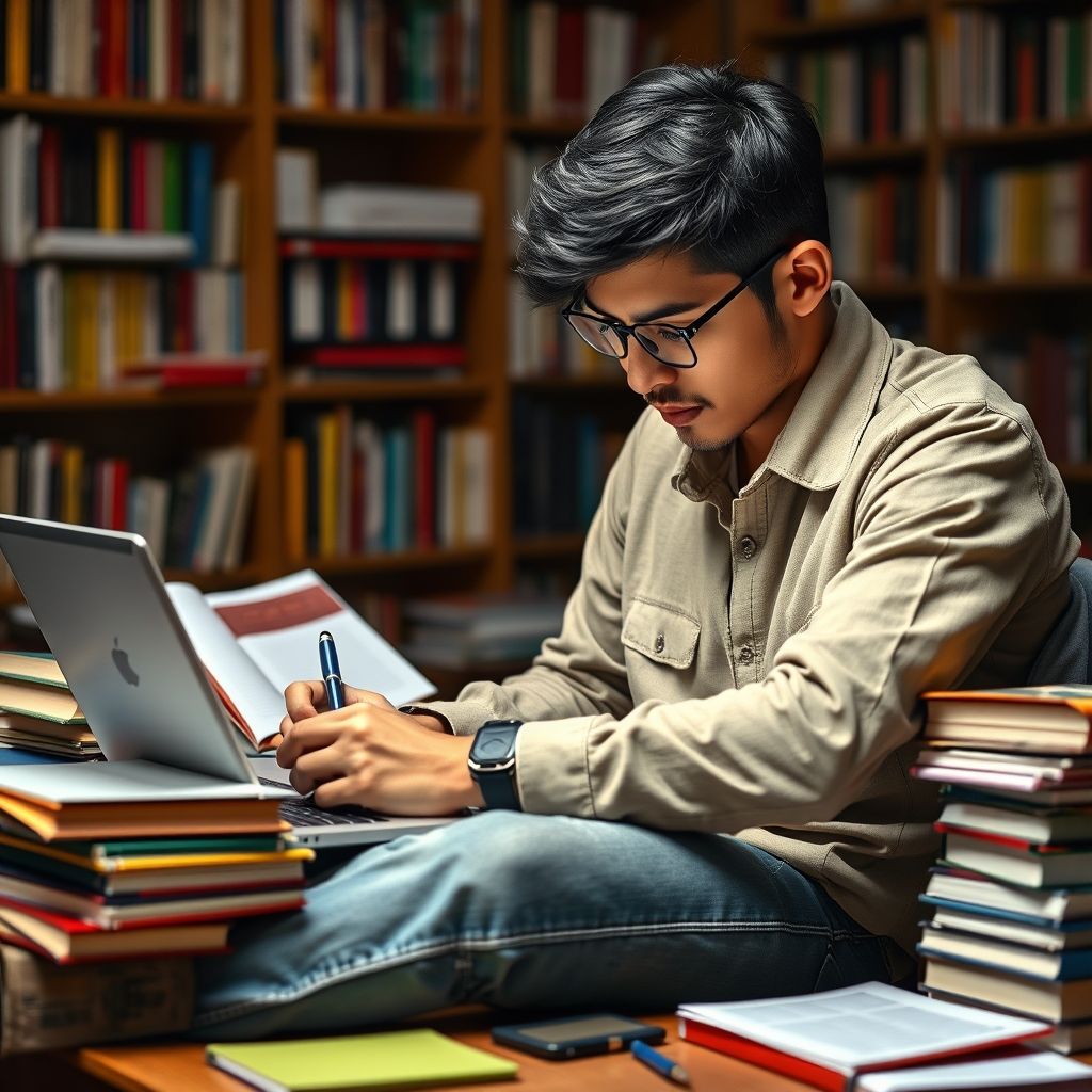 Mahasiswa menulis di laptop dengan buku dan catatan.