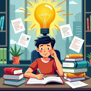 Estudante brainstorming com livros e lâmpada