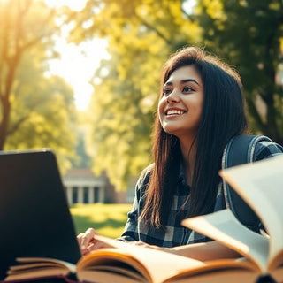 University student in a vibrant campus, studying with books.