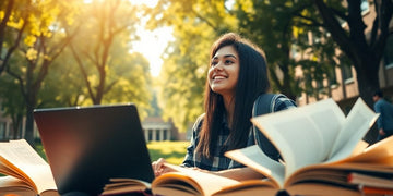 University student in a vibrant campus, studying with books.