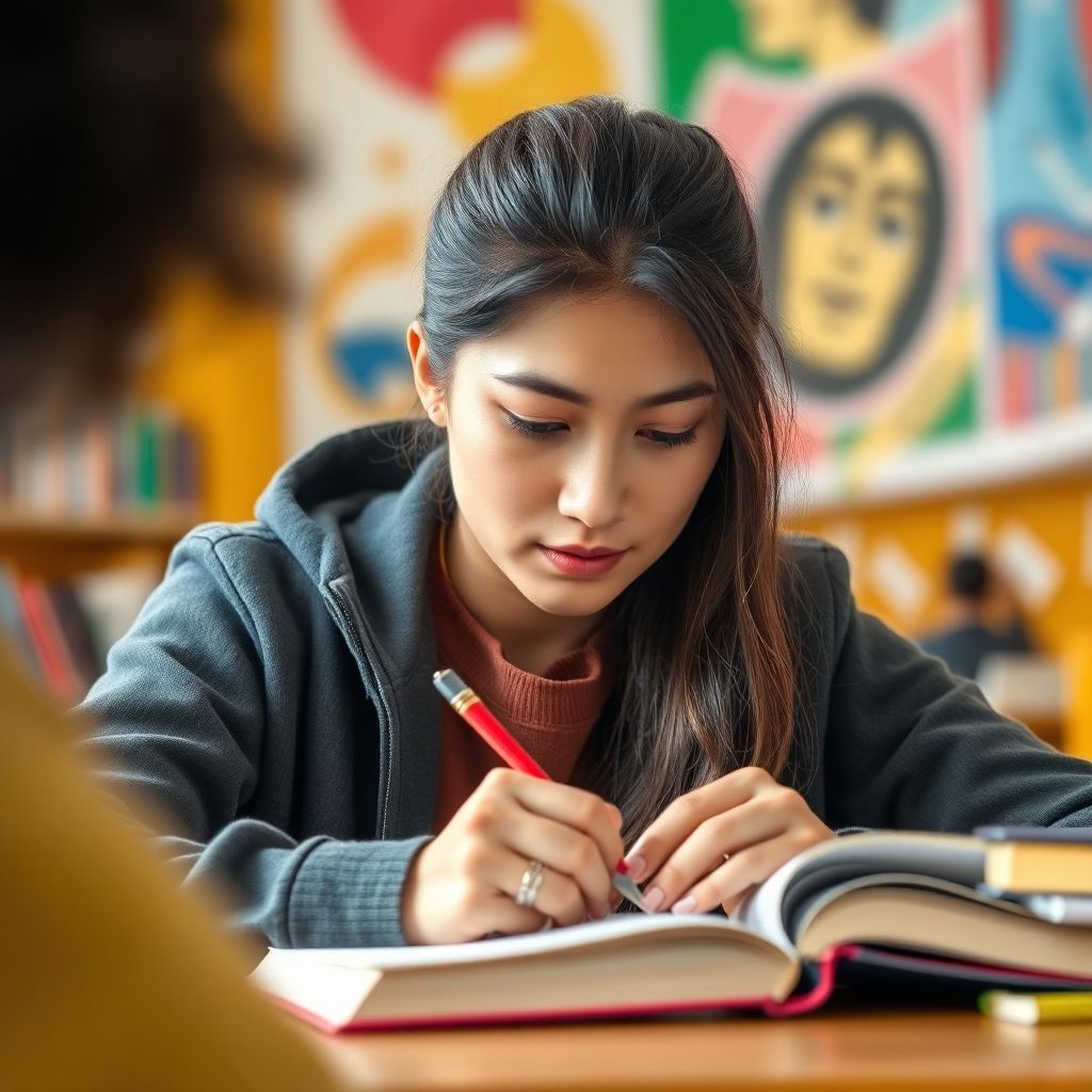 University student writing in a vibrant study environment.