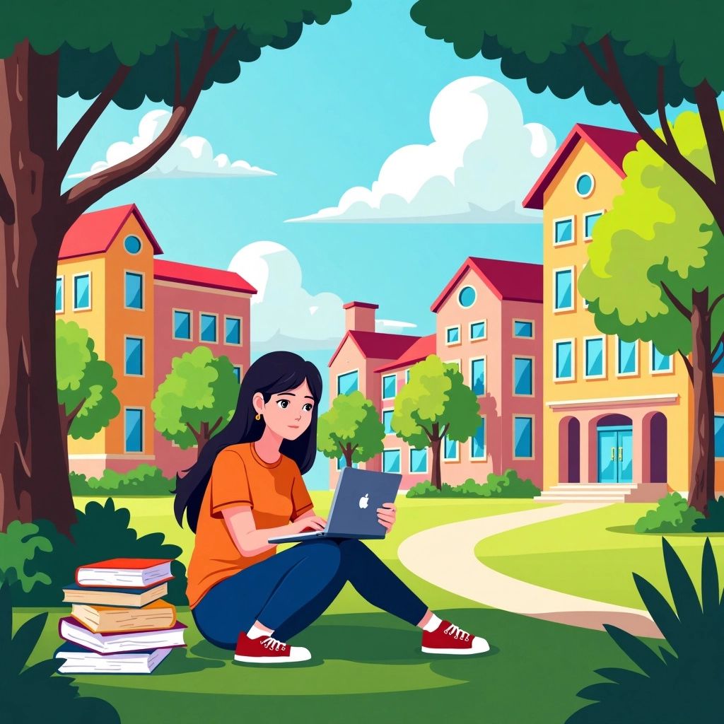 छात्र एक जीवंत विश्वविद्यालय के वातावरण में अध्ययन कर रहा है।