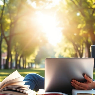 University student studying in a vibrant, sunlit campus.