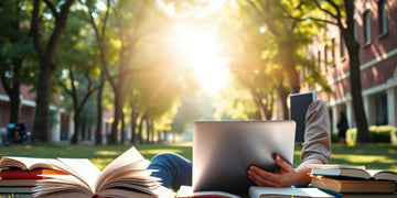 University student studying in a vibrant, sunlit campus.