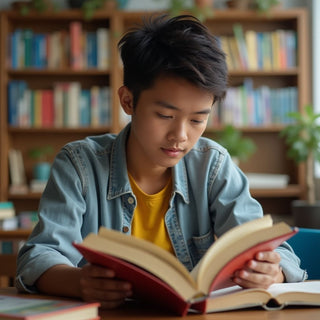 University student reading in a vibrant environment.