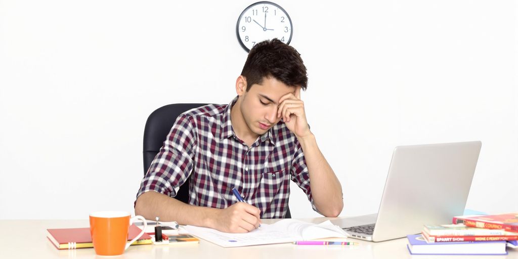 Student writing at a desk with books and a laptop.