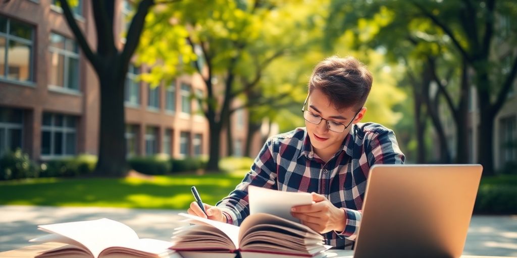 University student writing in a vibrant campus setting.