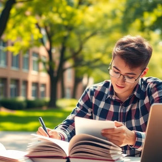 University student writing in a vibrant campus setting.