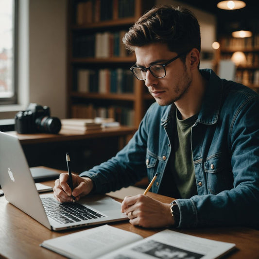 Student writing thesis with books and laptop on desk.