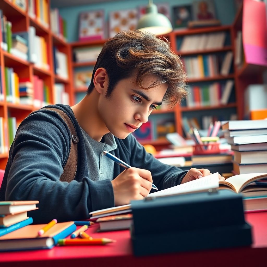 Estudante universitário escrevendo em um ambiente colorido.