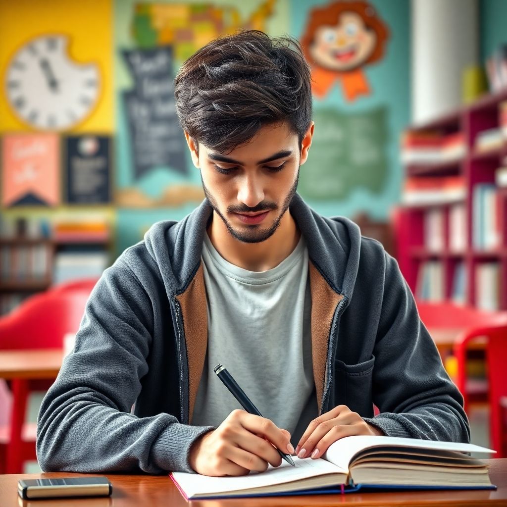 Estudiante universitario escribiendo en un entorno vibrante.