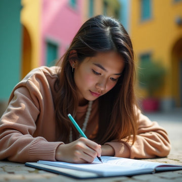 University student writing in a vibrant campus setting.