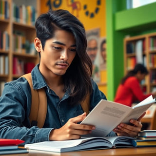 University student reading in a colorful study environment.