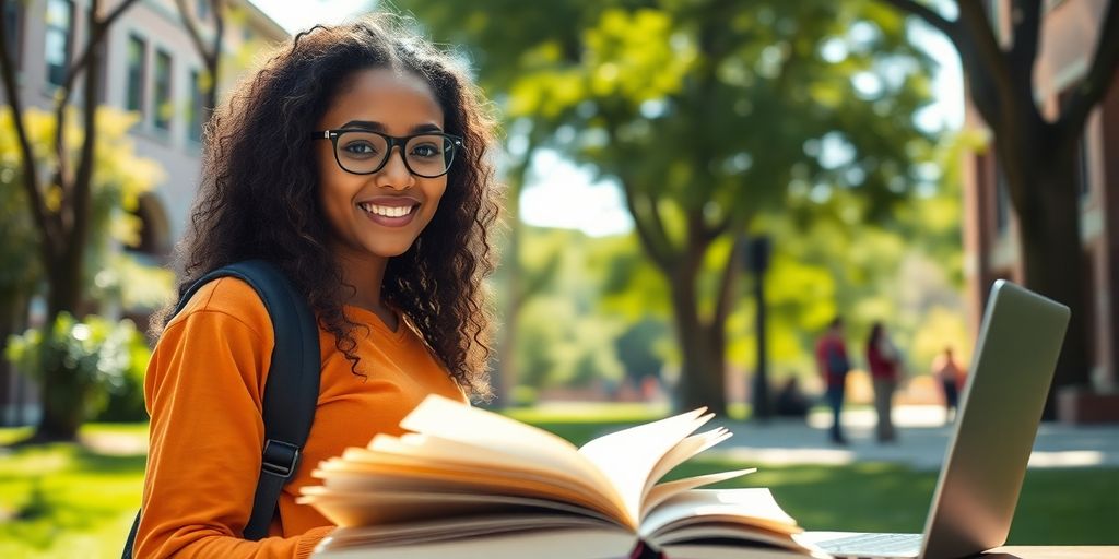 University student studying in a vibrant campus setting.