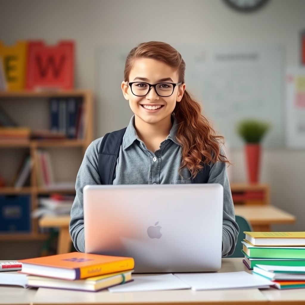 Mahasiswa percaya diri dengan laptop dan buku berwarna-warni