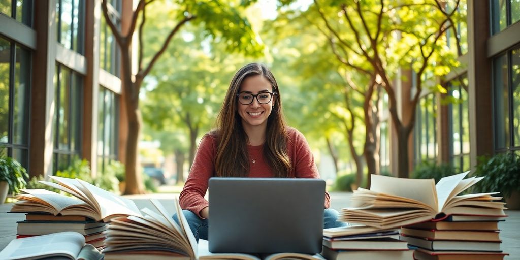 University student studying in a lively campus environment.