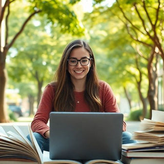 University student studying in a lively campus environment.