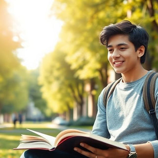 University student in a vibrant campus studying with books.