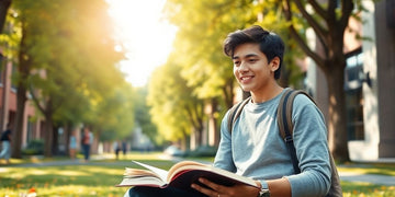 University student in a vibrant campus studying with books.