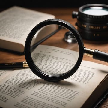 Books and magnifying glass with highlighted text and notes