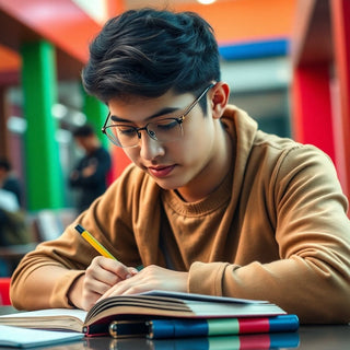 Estudante universitário escrevendo em um ambiente vibrante.