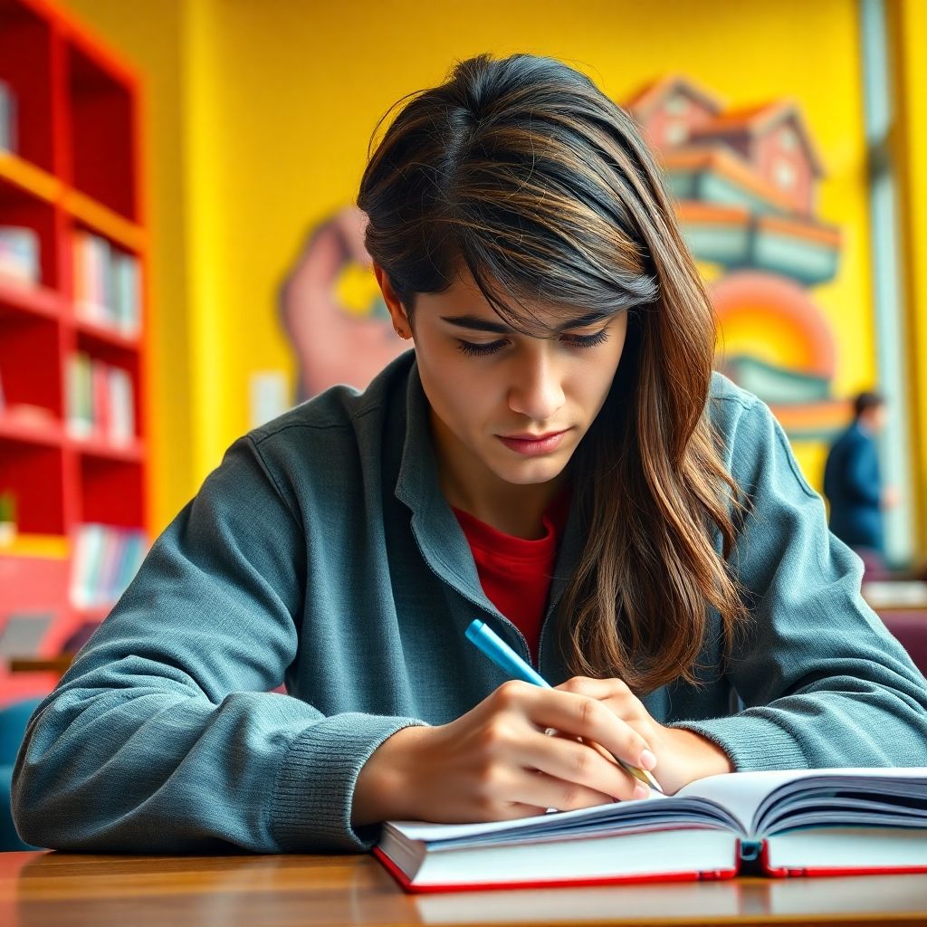 Estudiante universitario escribiendo en un entorno colorido.