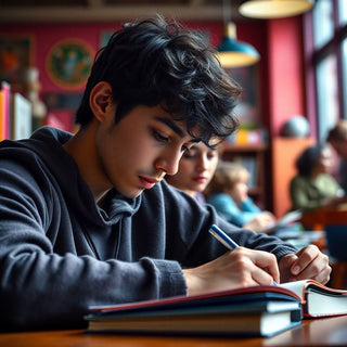 University student writing in a vibrant study environment.