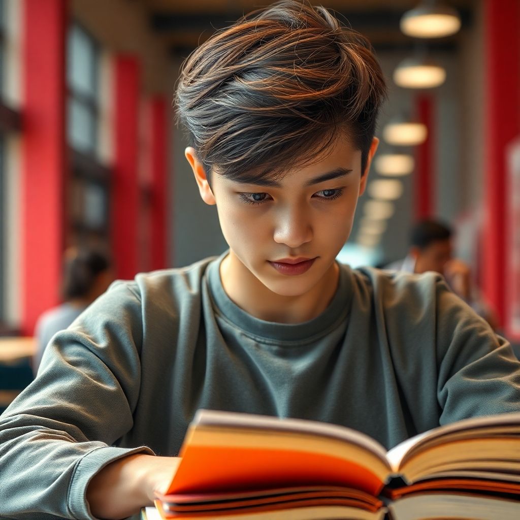 University student reading in a vibrant, colorful setting.