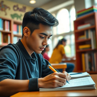 University student writing in a vibrant study environment.