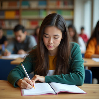 Estudante universitário escrevendo em um ambiente colorido.