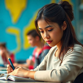 Estudante universitário escrevendo em um ambiente vibrante.