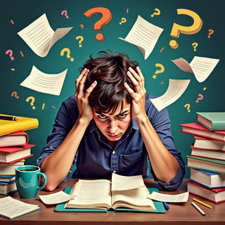 Stressed student surrounded by books, representing thesis confusion.