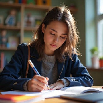 University student writing in a vibrant environment.