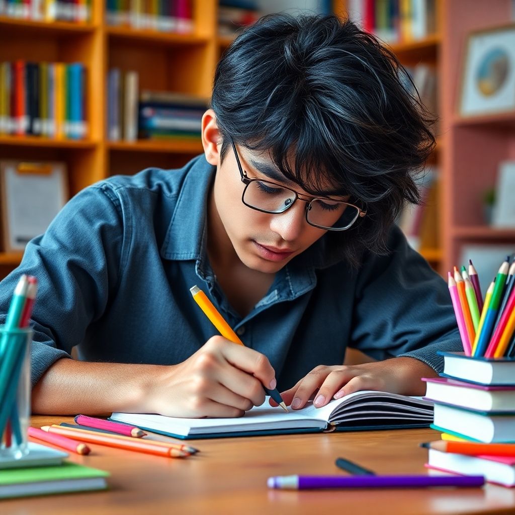 University student writing at a vibrant study desk.