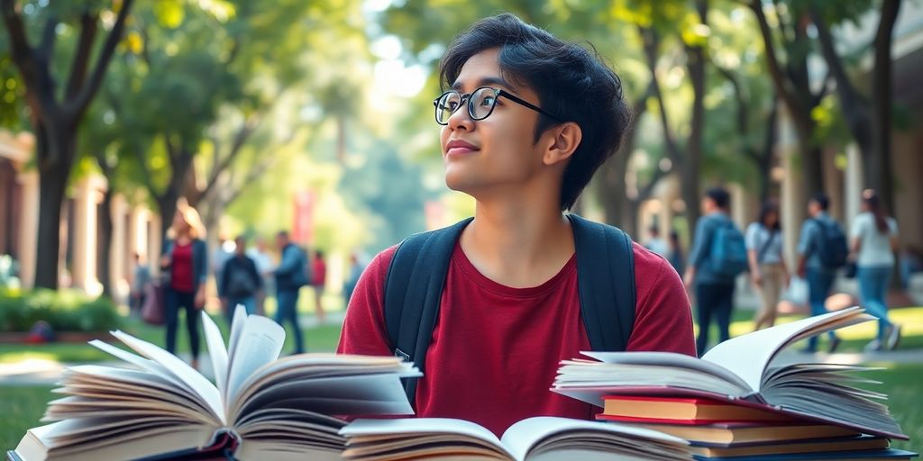 University student in a vibrant campus with books and laptop.