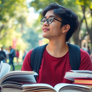 University student in a vibrant campus with books and laptop.