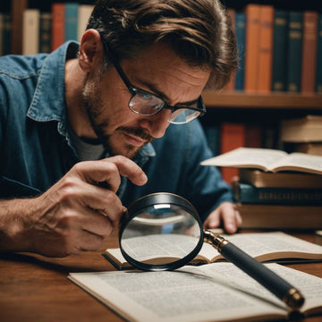 Researcher examining literature gaps with magnifying glass and books