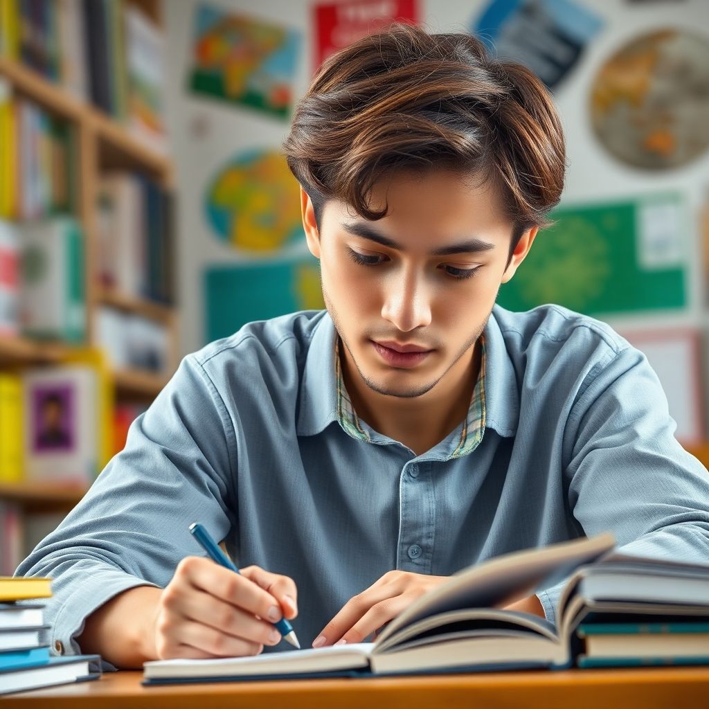 University student writing in a colorful study environment.