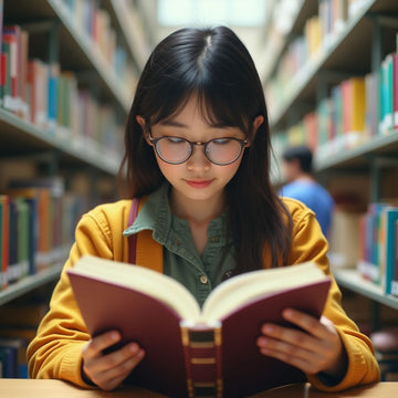 University student reading in a vibrant academic environment.