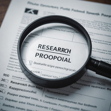 Magnifying glass highlighting keywords on a research proposal