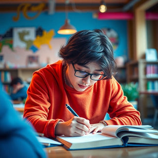 University student writing in a vibrant study environment.