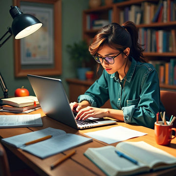 Student typing on laptop in a colorful study space.