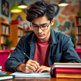 University student writing in a colorful study setting.