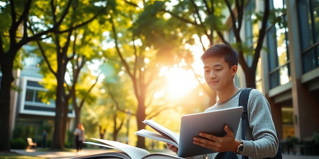 University student in a vibrant academic campus setting.