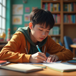 University student writing in a colorful study environment.