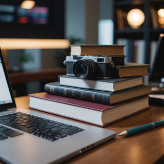 Books and laptop on desk for literature review