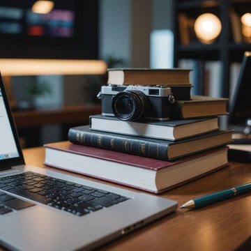 Books and laptop on desk for literature review