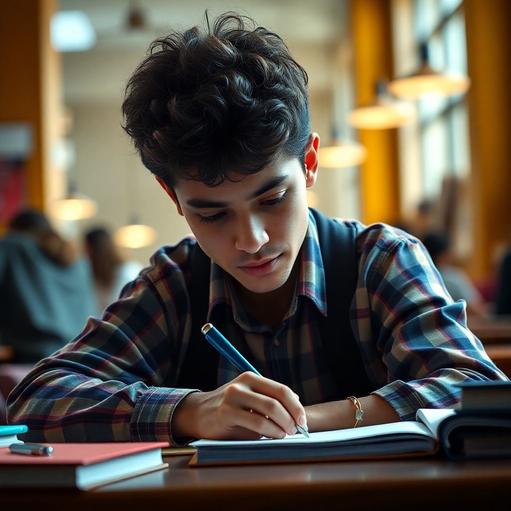 Estudante universitário escrevendo em um ambiente colorido.